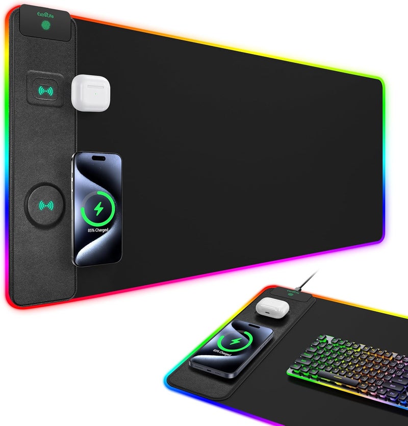 ExtreLife وسادة ماوس مطورة مع شحن لاسلكي، سجادة ألعاب RGB، 31.5"x15.7" سجادة مكتب كبيرة XXL، 15 وضع إضاءة، سطح فائق السلاسة، وسادة ماوس غير قابلة للانزلاق، وسادة لوحة مفاتيح كمبيوتر مقاومة للماء، سوداء - Image 1